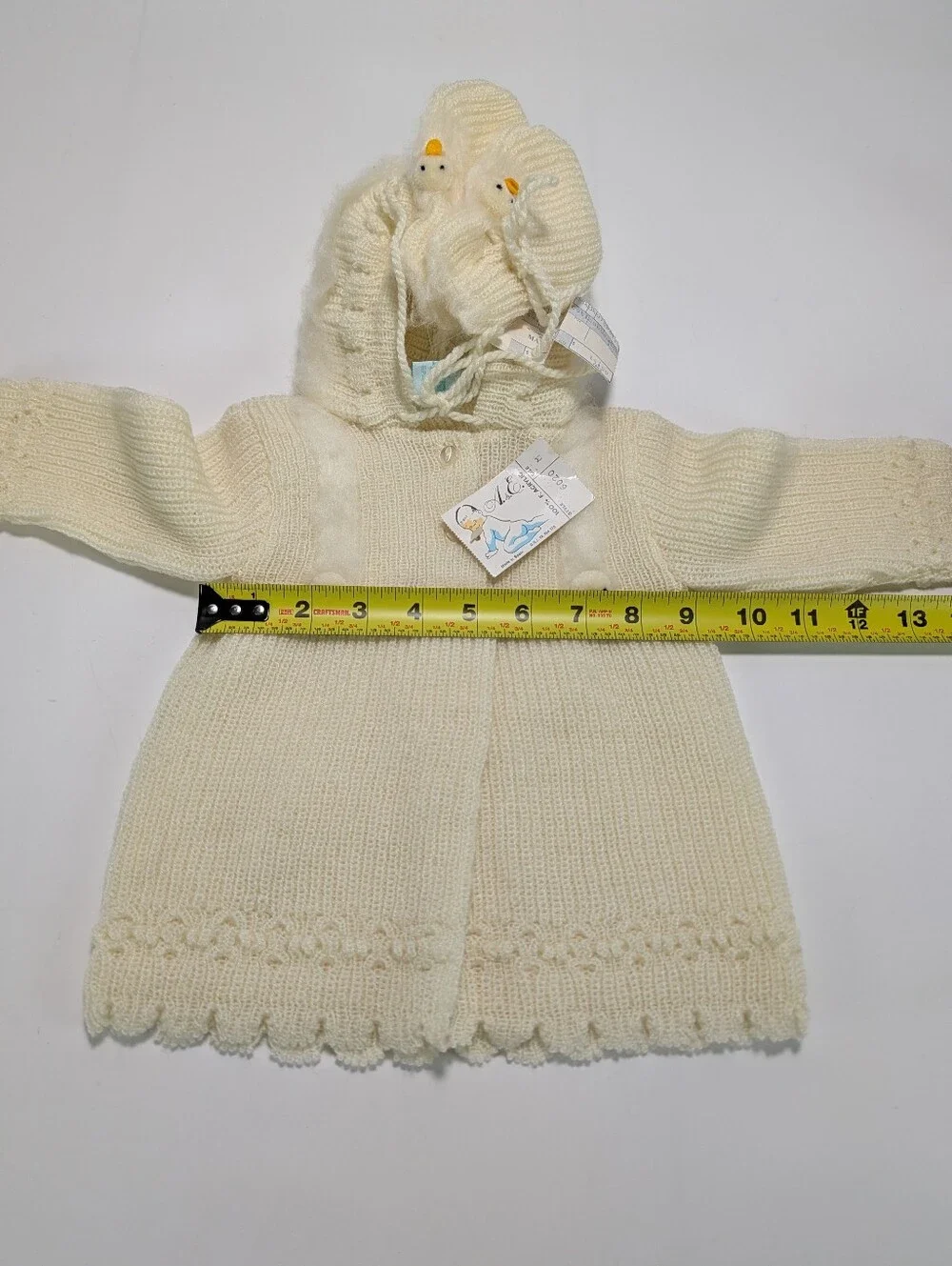 Vintage All-Mine Cream-Colored Knit Hooded Baby Coat & Booties with Duck Accents